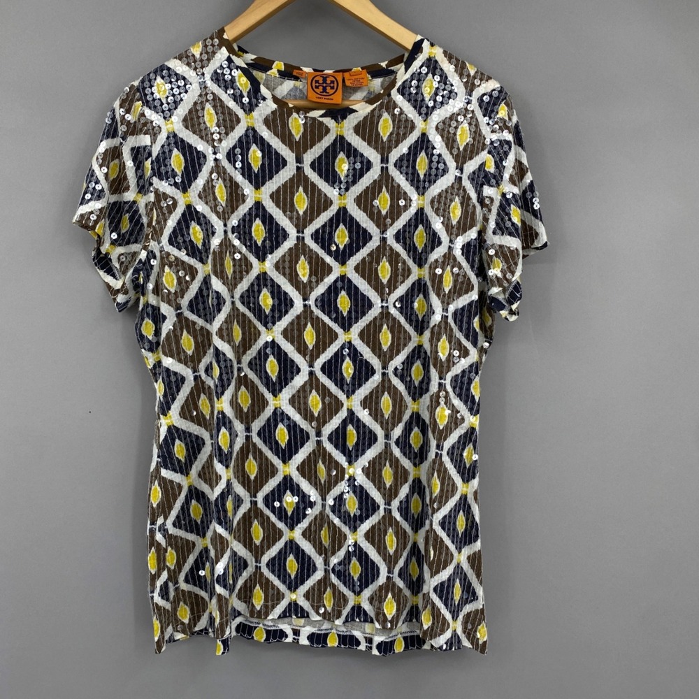 Tory Burch Sequin Geometric Ikat Print Cotton Top Womens Size Large T-shirt